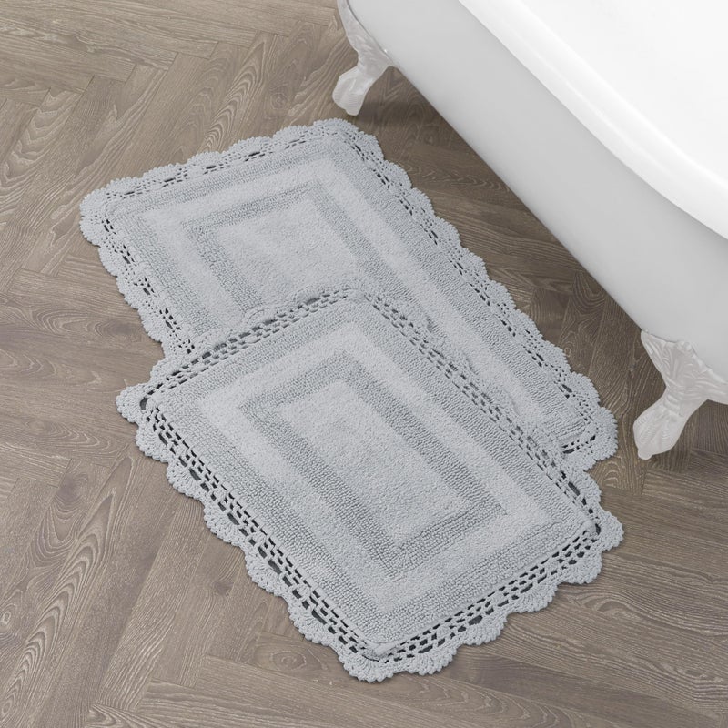 Laura Ashley Absorbent Bath Mat Reversible Crochet Soft and Plush Bathroom Mat 100% Cotton 2-Piece Bath Rug Set, Light Grey - Image 1